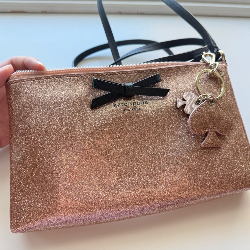 Kate Spade Rose Gold Glitter Wristlet w/ Bow & Spade Charm